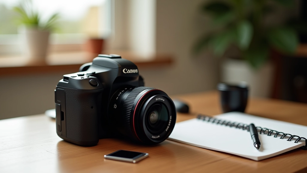 Κάμερα DSLR σε ξύλινο τραπέζι με φακούς και κάρτα μνήμης, φυσικό φως από παράθυρο