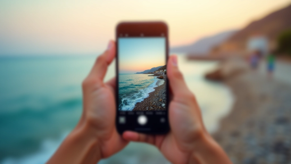 Χέρι κρατά smartphone με εφαρμογή editing, θάλασσα θολή στο φόντο