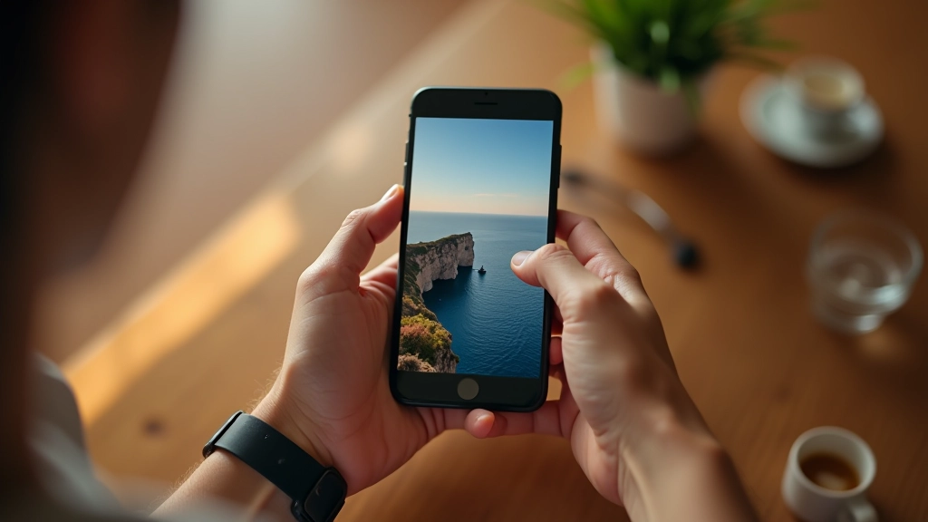 Χέρια κρατούν smartphone που εμφανίζει portfolio με εικόνες τοπίου