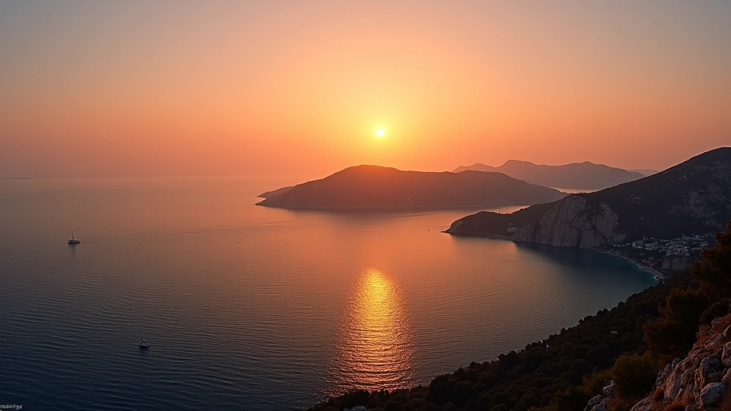 Πανοραμική άποψη της ελληνικής θάλασσας με βραχώδες νησί και ηλιοβασίλεμα, φωτογραφία τοπίου υψηλής ανάλυσης