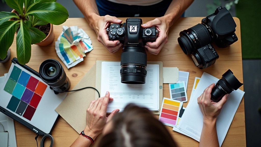 Επιλογή εξοπλισμού φωτογραφίας με κάμερα DSLR και φακούς σε ξύλινο τραπέζι