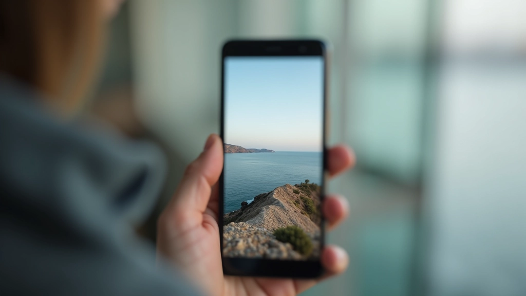 Smartphone με ανοιχτό lightbox gallery, εικόνα τοπίου σε πλήρη οθόνη με κουμπί κλεισίματος