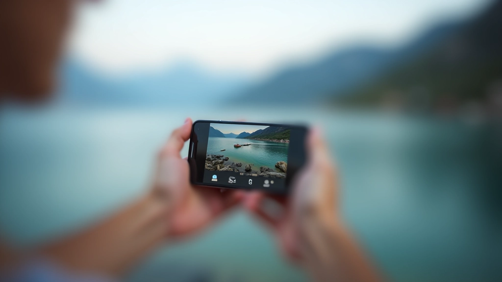 Smartphone με εφαρμογή επεξεργασίας εικόνων, λίμνη και βουνά στο φόντο